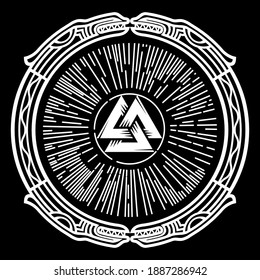 Antiguo diseño celta, escandinavo. Nudo celta, mandala y señal viking Valknut, aislado en negro, ilustración vectorial