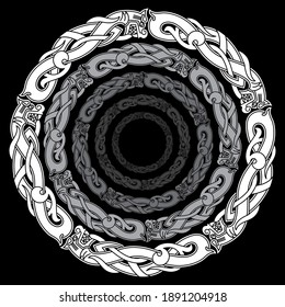 Ancient round Celtic, Scandinavian Design. Celtic knot, mandala, Celtic Dragons, isolated on black, vector illustration