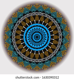 Ancient round ornament. Vector isolated colorful meander pattern. Modern background. Tribal ethnic mandala with greek key ornaments. Ornamental design with zigzag lines, geometric abstract shapes.