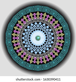 Ancient round ornament. Vector isolated colorful meander pattern. Modern background. Tribal ethnic mandala with greek key ornaments. Ornamental design. Graphic decor. Geometric abstract texture.