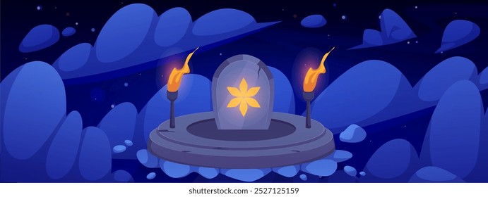 Antigo altar de pedra redonda, placa com estrela de seis pontas e tochas ardentes flutuando no céu noturno com nuvens. Fundo de jogo de desenhos animados com plataforma totem flutuante. Nível de jogo do ambiente vetorial