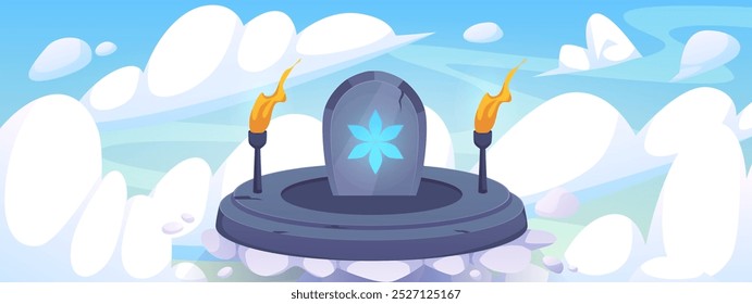 Antigo altar de pedra redonda, placa com estrela de seis pontas e tochas ardentes flutuando no céu azul com nuvens. Fundo de jogo de desenhos animados com plataforma totem flutuante. Nível de jogo do ambiente vetorial