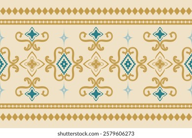 Ancient Royal Decoration Repeat Scroll Square Ornament Pattern. Stripe Seamless Border With Gold and Green Viridian Florals Geometric Ornate Design Silk Embroidery Luxury Homespun for Apparel Bandana.