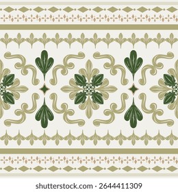Ancient Royal Palace Scroll Ornament Border Decoration Pattern. Baroque and Byzantine Style with Green Olive Shades on Light Beige Background Grand Celadon Luxury Florals Leaf Nature Design Embroidery