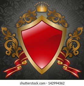 ancient royal shield with a red silk ribbon and a gold ornament