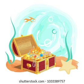 Ancient royal treasures in old chest at sea bottom. Money and jewelry among green seaweed, small fishes and big starfish cartoon vector illustration.