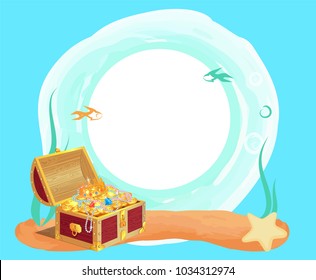 Ancient royal treasures in old chest at sea bottom. Money and jewelry among green seaweed, small fishes and big starfish cartoon vector illustration.