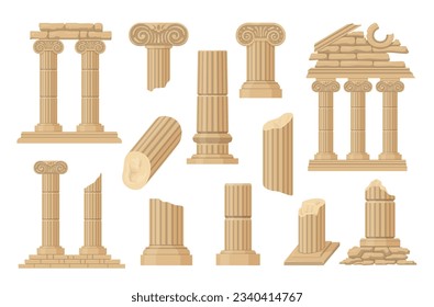 Ancient ruin cracked stone building monument of lost city history architecture set isometric vector illustration. Classic antique pillar column arch pedestal old roman temple exterior decor element