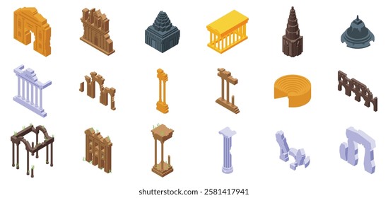  Ancient ruin icons set. Isometric icons representing various ancient ruins, showcasing architectural remnants and historical landmarks