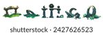 Ancient ruin of old lost civilization buildings and statues. Cartoon vector illustration set of stone temple with green grass in jungle. Destroyed abandoned architecture and monument.