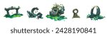 Ancient ruin of old lost civilization buildings and statues. Cartoon vector illustration set of stone temple with green liana vines and grass in jungle. Destroyed abandoned architecture and monument.