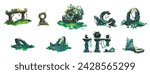 Ancient ruin of old lost civilization buildings and statues. Cartoon vector illustration set of stone temple with green liana vines and grass in jungle. Destroyed abandoned architecture and monument.