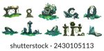 Ancient ruin of old lost civilization buildings and statues. Cartoon vector illustration set of stone temple with green liana vines and grass in jungle. Destroyed abandoned architecture and monument.