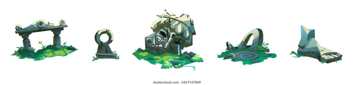 Ancient ruin of old lost civilization buildings and statues. Cartoon vector illustration set of stone temple with green grass in jungle. Destroyed abandoned architecture and monument.