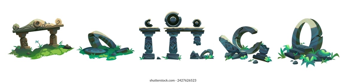 Ancient ruin of old lost civilization buildings and statues. Cartoon vector illustration set of stone temple with green grass in jungle. Destroyed abandoned architecture and monument.