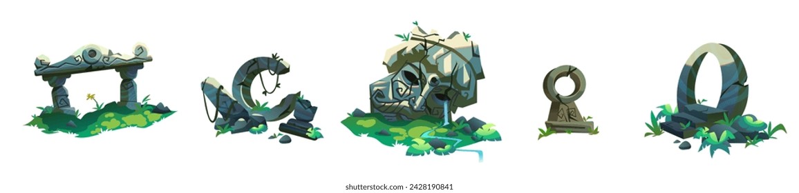 Ancient ruin of old lost civilization buildings and statues. Cartoon vector illustration set of stone temple with green liana vines and grass in jungle. Destroyed abandoned architecture and monument.