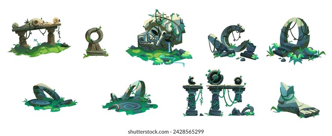 Ancient ruin of old lost civilization buildings and statues. Cartoon vector illustration set of stone temple with green liana vines and grass in jungle. Destroyed abandoned architecture and monument.