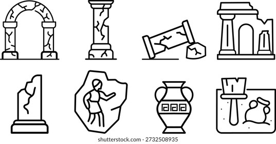 Ancient Ruins and Artifacts Outline Icon Set for History and Archaeology.
