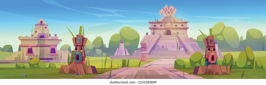 Ancient ruins of aztec temple, statues and pyramid. Vector cartoon illustration of summer landscape with tropical forest and abandoned village of mesoamerican mayan civilization