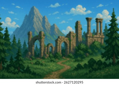Ruínas antigas com arcos e colunas quebradas se erguem entre os pinheiros, com uma montanha ao fundo sob um céu azul. Uma visão histórica e aventureira.