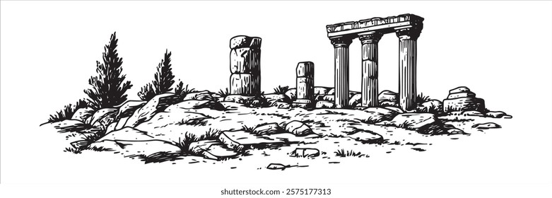ancient ruins with broken columns and stones in monochrome hand-drawn style