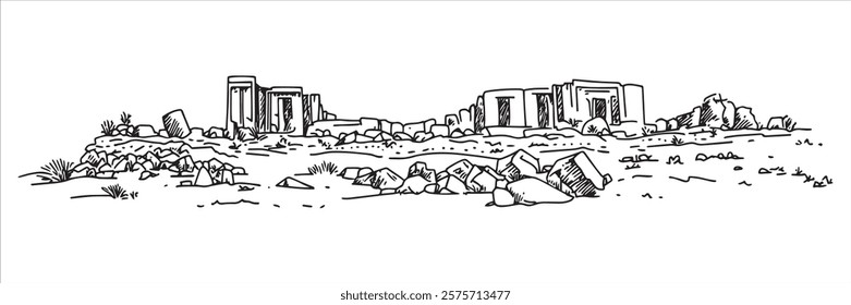 ancient ruins with broken structures and scattered stones hand-drawn sketch doodle