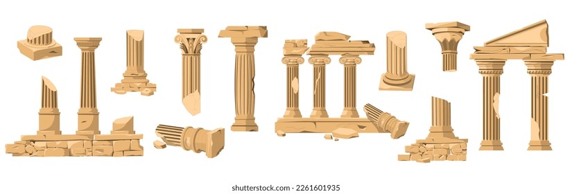 Ancient ruins. Cartoon classic stone pillars, antique architecture building columns, old roman temple exterior elements. Vector collection of roman building ancient pillar illustration