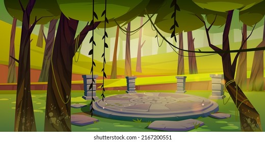 Ancient ruins with circle stone platform and pillars in jungle. Vector cartoon illustration of deep forest landscape with old abandoned altar, aztec or maya round podium