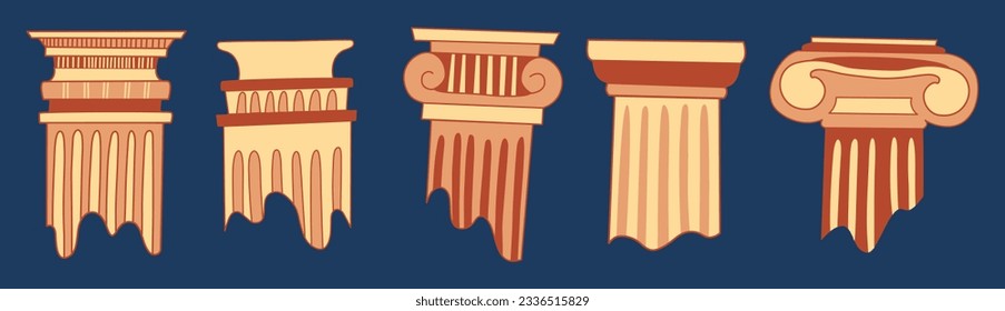 Ancient ruins. Classic stone pillars, antique architecture building columns, old greek exterior elements. Vector collection of roman building ancient pillar illustration. 