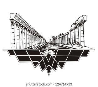 Ancient ruins with a colonnade. Black and white vector illustration EPS 8.