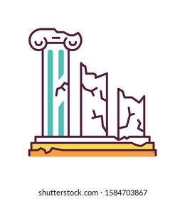 Ancient ruins color icon. Broken columns. Greek pillars. Lost cities and civilizations. Archeology. Historical monuments. Facade structure. Old architecture. Isolated vector illustration