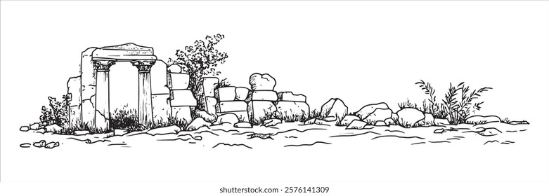 ancient ruins with columns and vegetation in black and white hand-drawn style