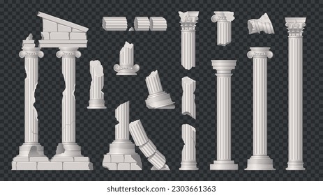 Ancient ruins damaged white marble columns realistic set transparent background isolated vector illustration