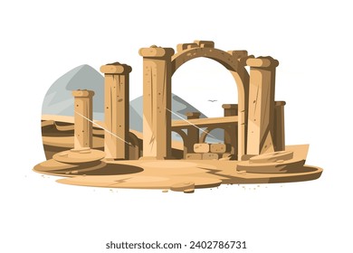 Ancient Ruins Landscape, vector illustration. Depicts historical decayed architecture, evoking mystery and exploration.