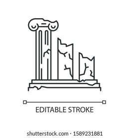 Ancient ruins linear icon. Broken columns. Greek pillars. Lost cities. Archeology. Historical monuments. Thin line illustration. Contour symbol. Vector isolated outline drawing. Editable stroke