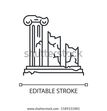 Ancient ruins linear icon. Broken columns. Greek pillars. Lost cities. Archeology. Historical monuments. Thin line illustration. Contour symbol. Vector isolated outline drawing. Editable stroke