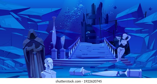 Ancient ruins, old architecture sunken under water in sea or ocean. Vector cartoon illustration of underwater landscape with broken columns, statues, destroyed buildings, stones and fishes