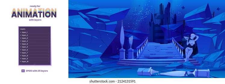 Ancient ruins on sea floor. Old architecture with broken columns, statue and stairs sunken under water in ocean. Vector parallax background ready for 2d animation cartoon underwater landscape