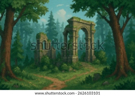Ancient ruins overgrown with moss stand deep in a pixel forest. A forgotten place of mystery and magic — perfect for RPG maps or exploration games.