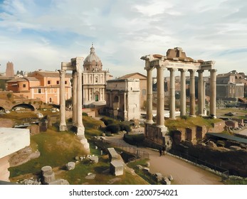 Ancient ruins in the Roman forum, historic center of Rome, Italy. Panoramic sunny view.