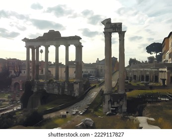 Ancient ruins in the Roman forum, historic center of Rome, Italy. Panoramic sunny view. Vector image.