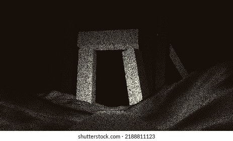 Ancient ruins in sci-fi scene with dotwork retro style. Mysterious gate debris with dramatic lights and retro texture