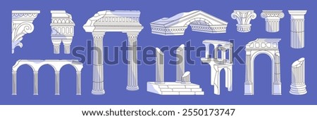 Ancient ruins set. Broken columns, arches of old Greek palaces. Damaged pillars, arcs of Roman buildings. Dilapidated Greece architecture, Rome bas reliefs, stucco. Flat isolated vector illustrations