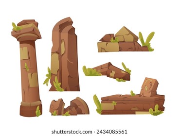Ancient ruins set - destroyed architecture or monuments of old civilizations and tribal culture. Cartoon vector collection of ruined medieval antique constructions stones and columns with grass.