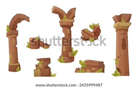 Ancient ruins set - destroyed architecture or monuments of old civilizations and tribal culture. Cartoon vector collection of ruined medieval antique constructions stones and columns with grass.