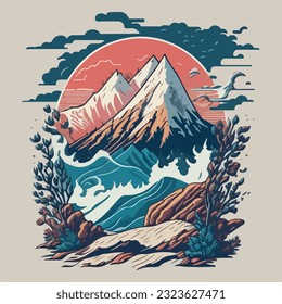 Ancient ruins of splash mountain landscape in vector illustrator