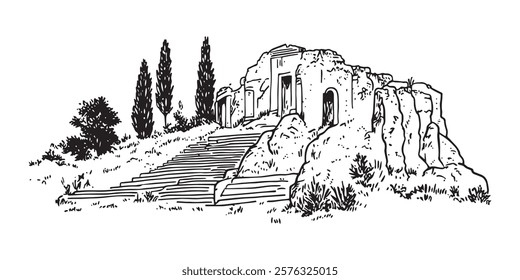 ancient ruins with steps, cypress trees, and rocky landscape in sketch outline