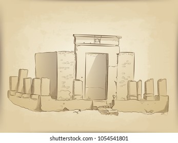 ancient ruins of the temple. the building and the destroyed columns. the sketch handmade. the background is old parchment. beige and brown color.