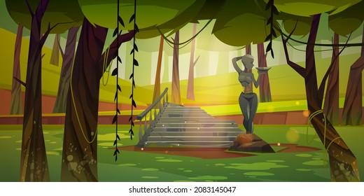 Ancient ruins of temple, greek or roman architecture in jungle. Vector cartoon illustration of rainforest landscape with old broken stone monuments, cracked statue and staircase