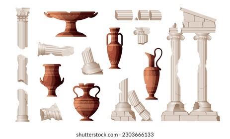 Ancient ruins vases set of isolated icons with greek jars amphoras and pieces of broken columns vector illustration